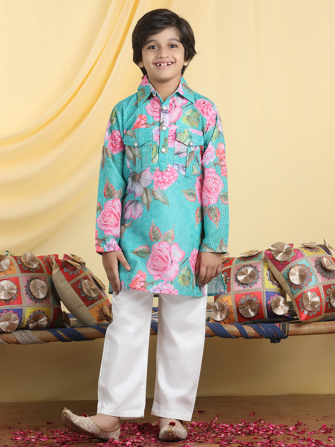 Cutiekins Boys Floral Print Shirt Collar Kurta & Pajama Set -Sea Green & White