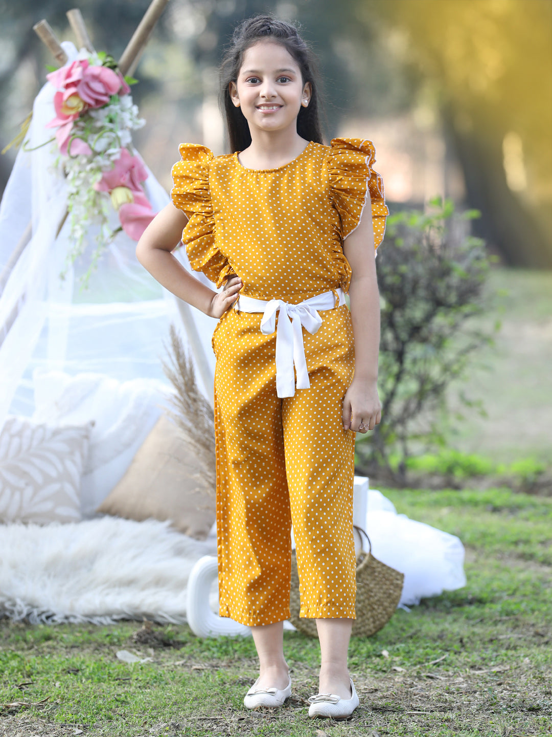 Cutiekins Round Neck Printed Polyester Jumpsuit -Mustard & White