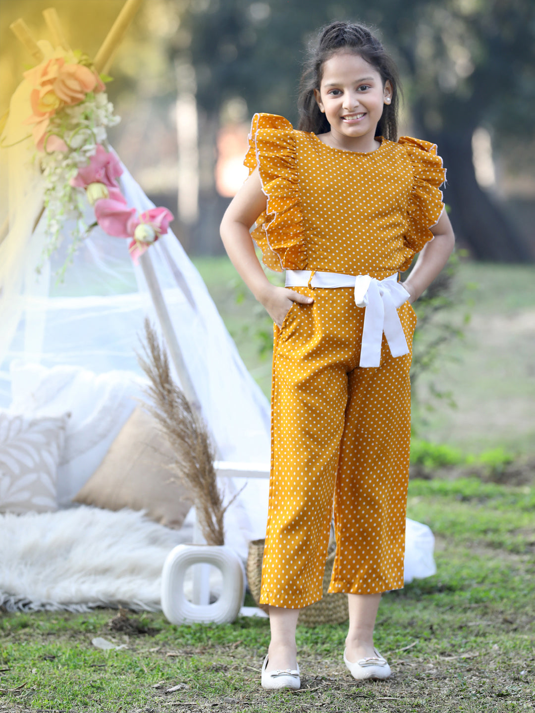 Cutiekins Round Neck Printed Polyester Jumpsuit -Mustard & White