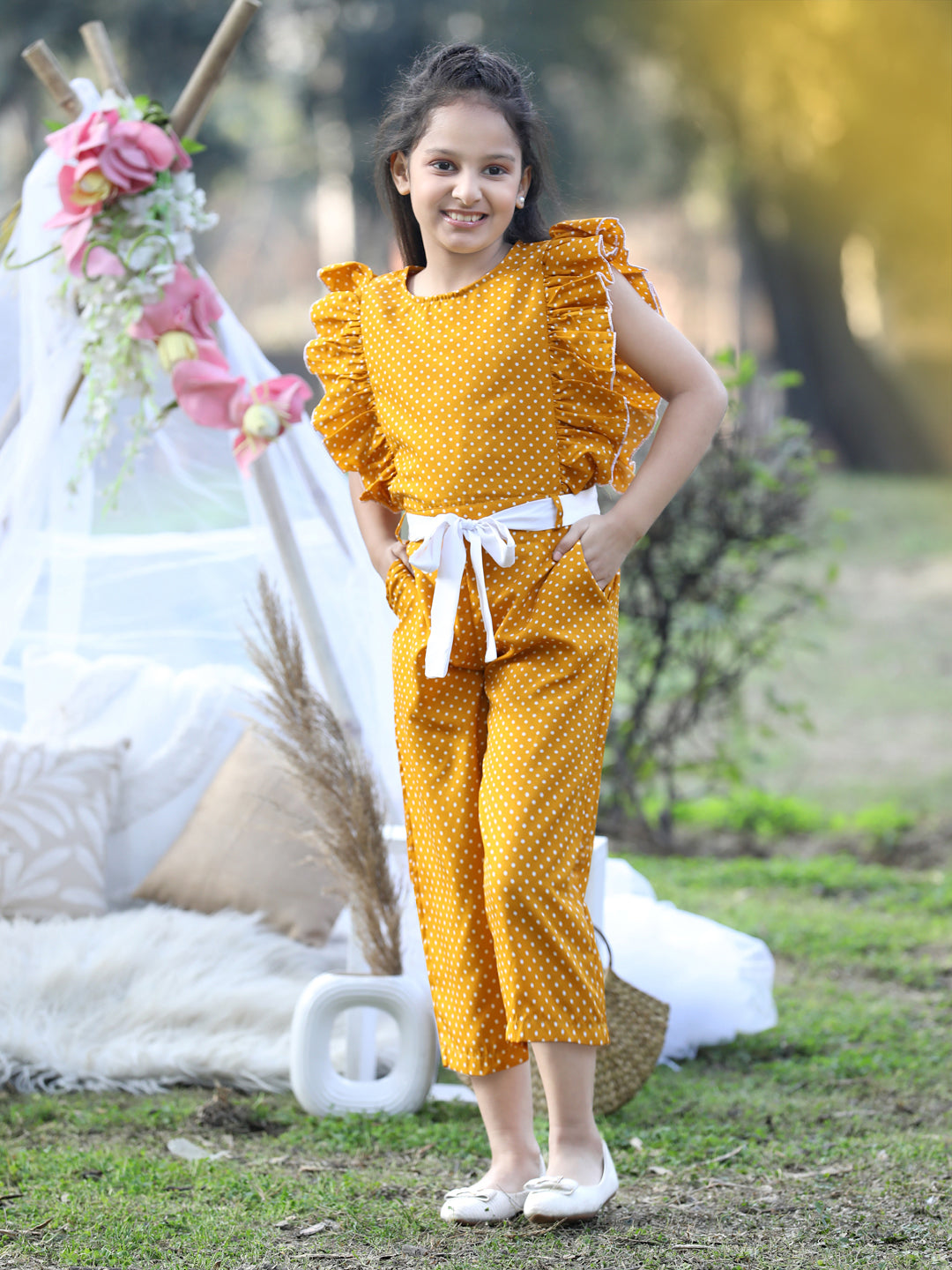 Cutiekins Round Neck Printed Polyester Jumpsuit -Mustard & White