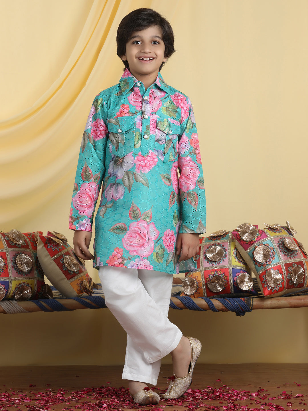 Cutiekins Boys Floral Print Shirt Collar Kurta & Pajama Set -Sea Green & White