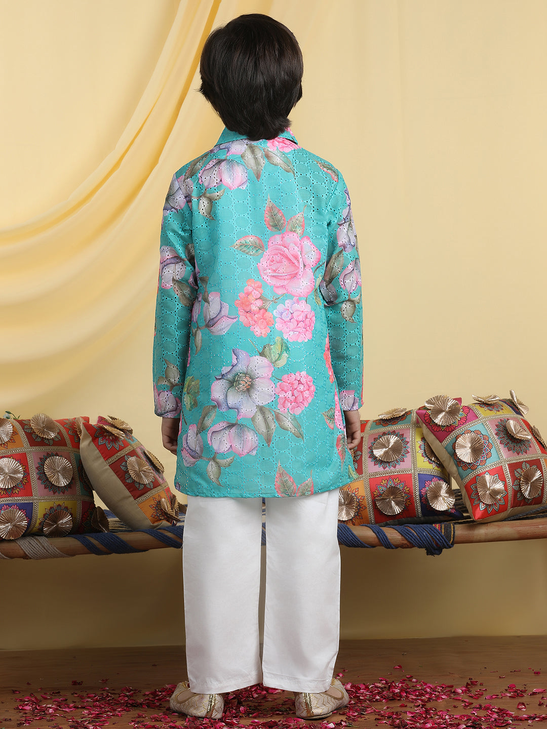 Cutiekins Boys Floral Print Shirt Collar Kurta & Pajama Set -Sea Green & White