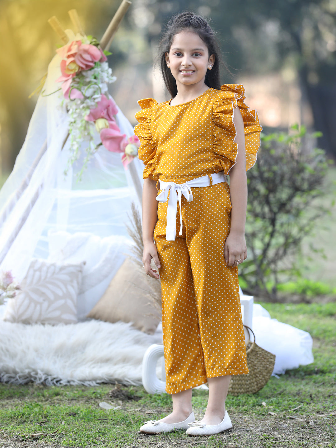 Cutiekins Round Neck Printed Polyester Jumpsuit -Mustard & White