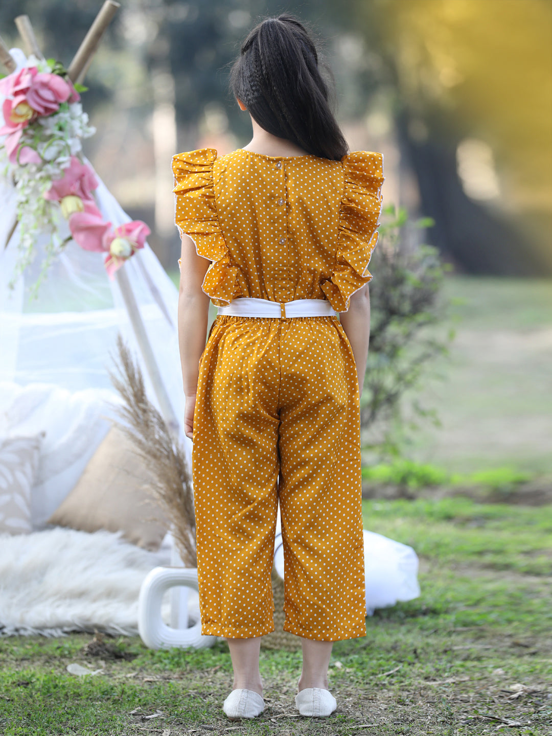 Cutiekins Round Neck Printed Polyester Jumpsuit -Mustard & White
