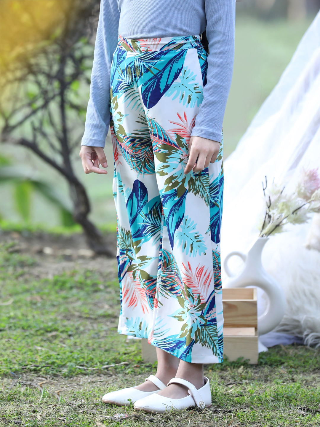 Cutiekins Printed Polyester Palazzos- White & Blue