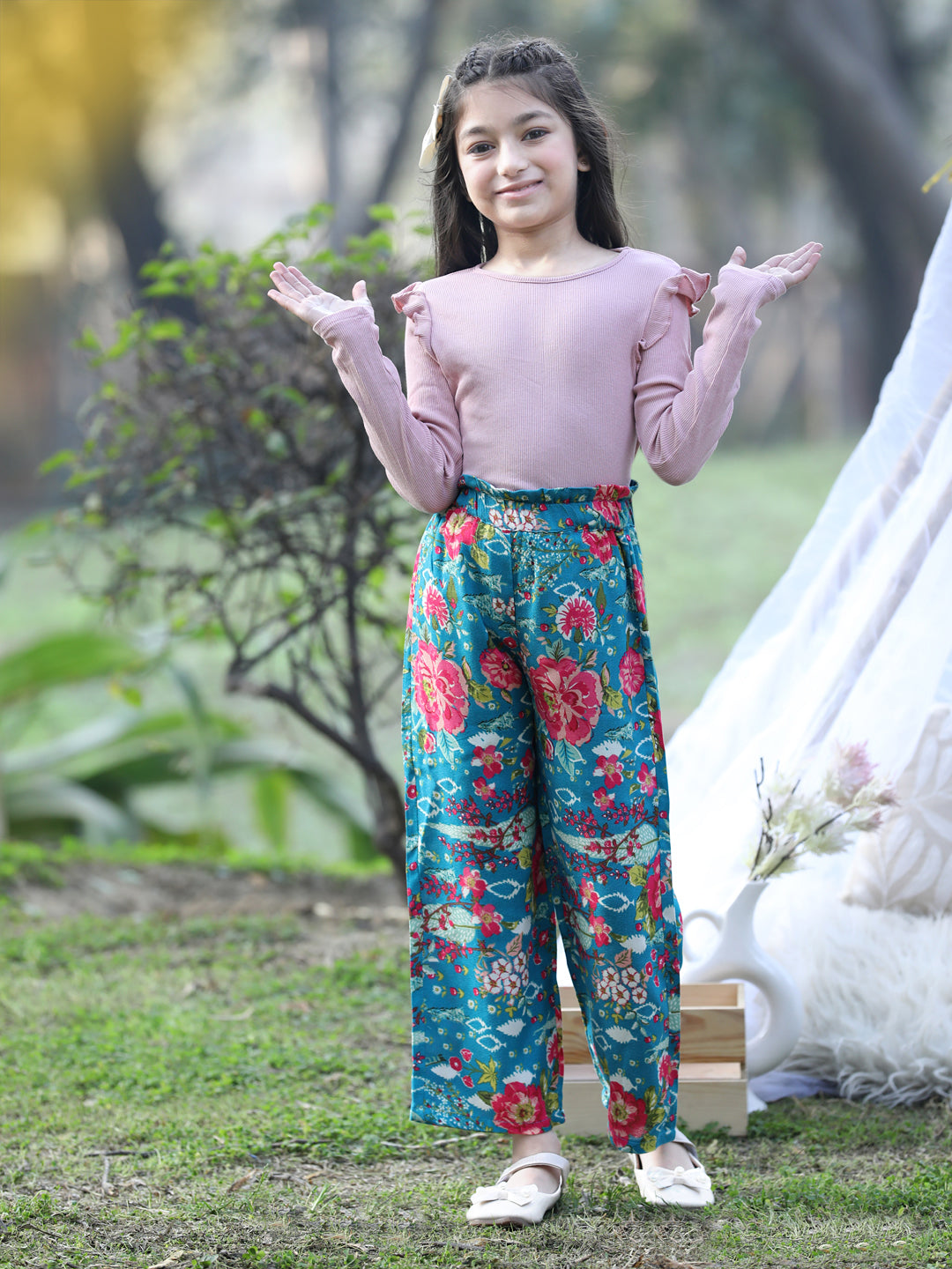 Cutiekins Printed Rayon Palazzos- Teal Blue & Pink