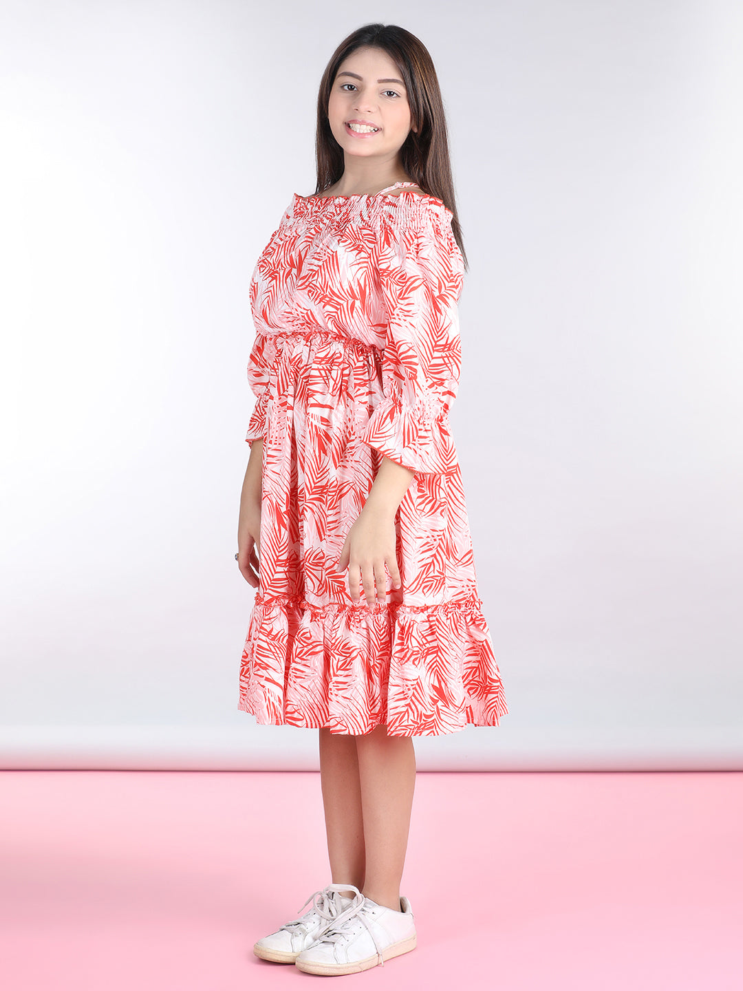 Cutiekins Shoulder Straps Printed Flared Dress-Pink & Red