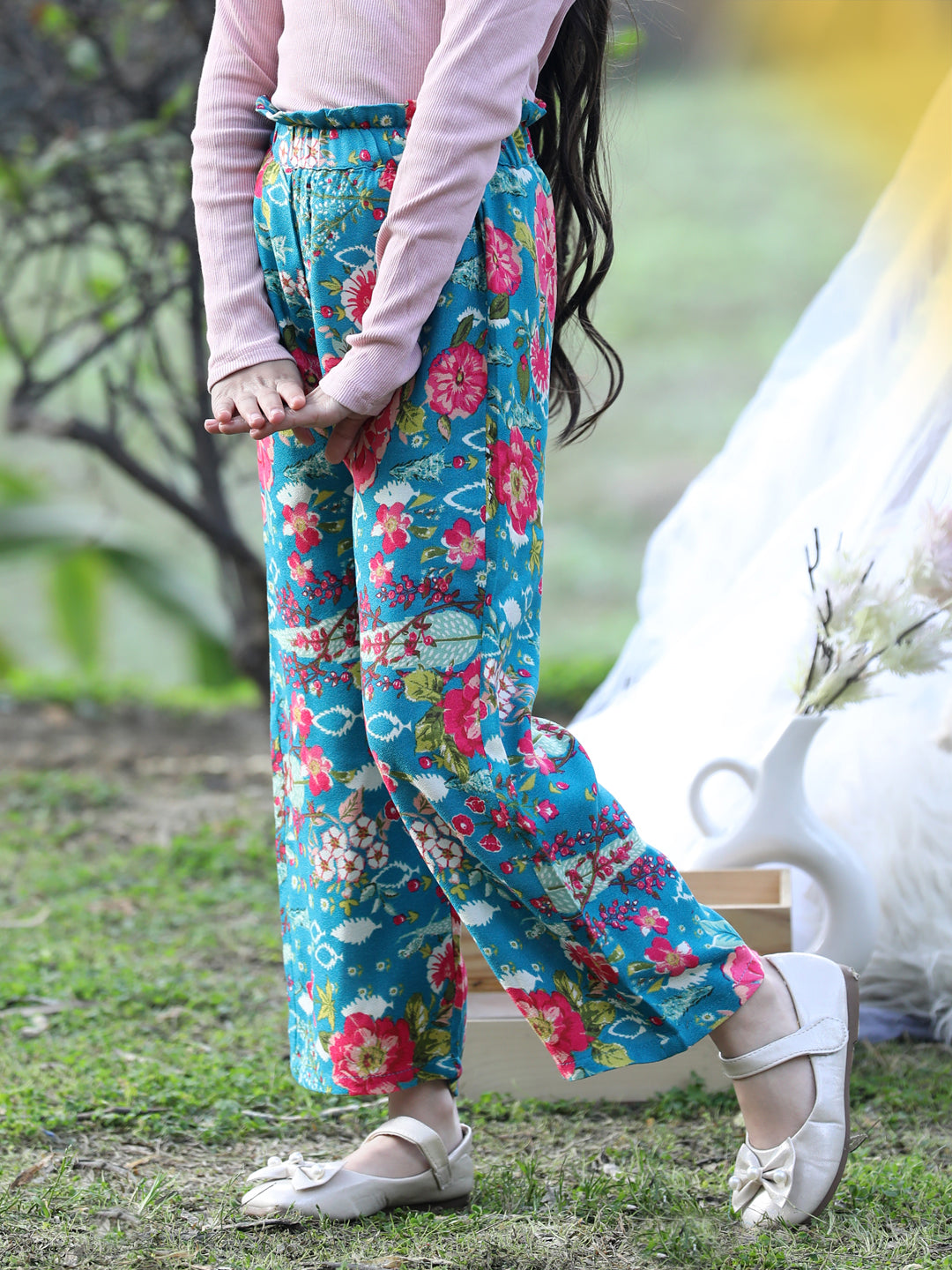 Cutiekins Printed Rayon Palazzos- Teal Blue & Pink