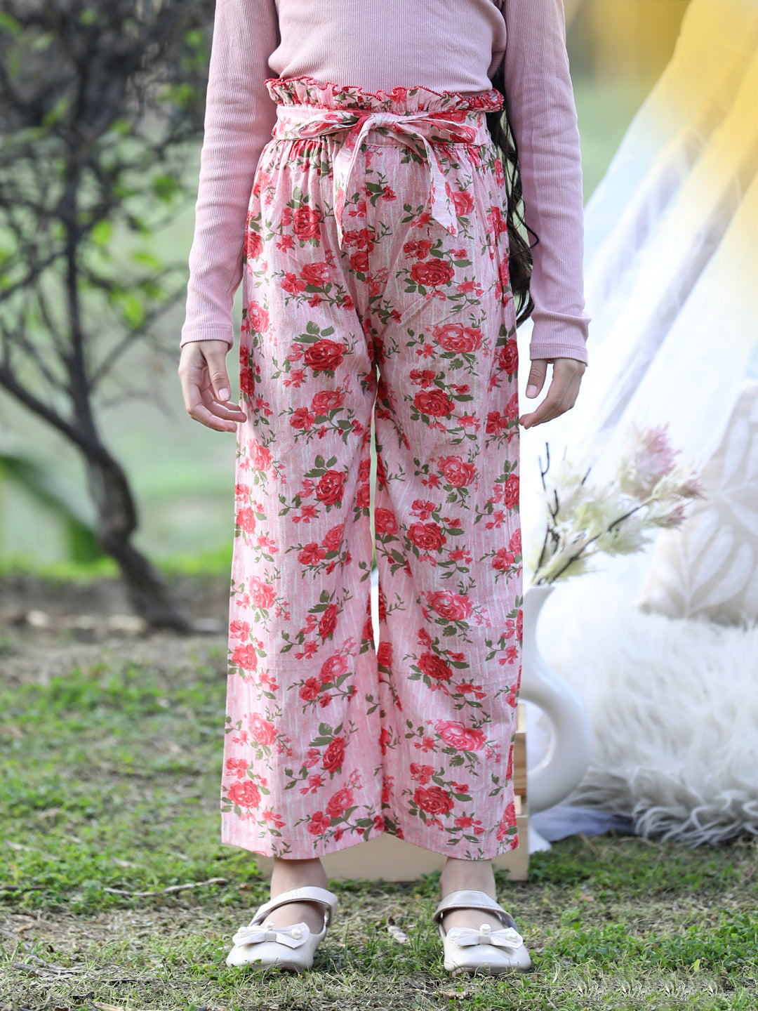 Cutiekins Printed Cotton Palazzos- Peach & Green