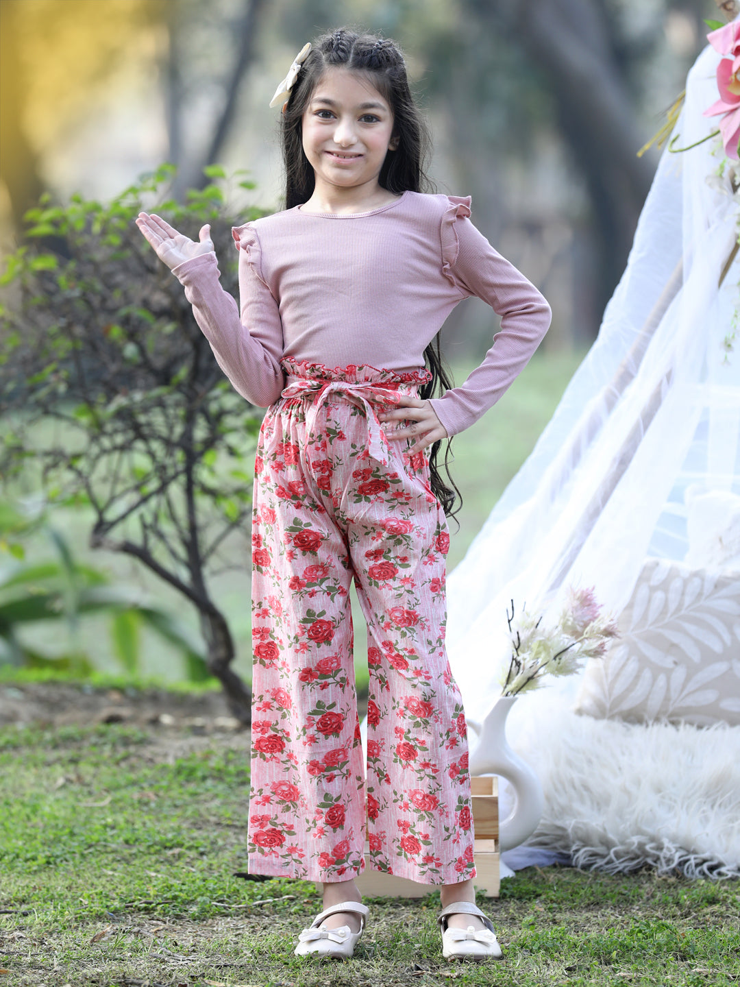 Cutiekins Printed Cotton Palazzos- Peach & Green