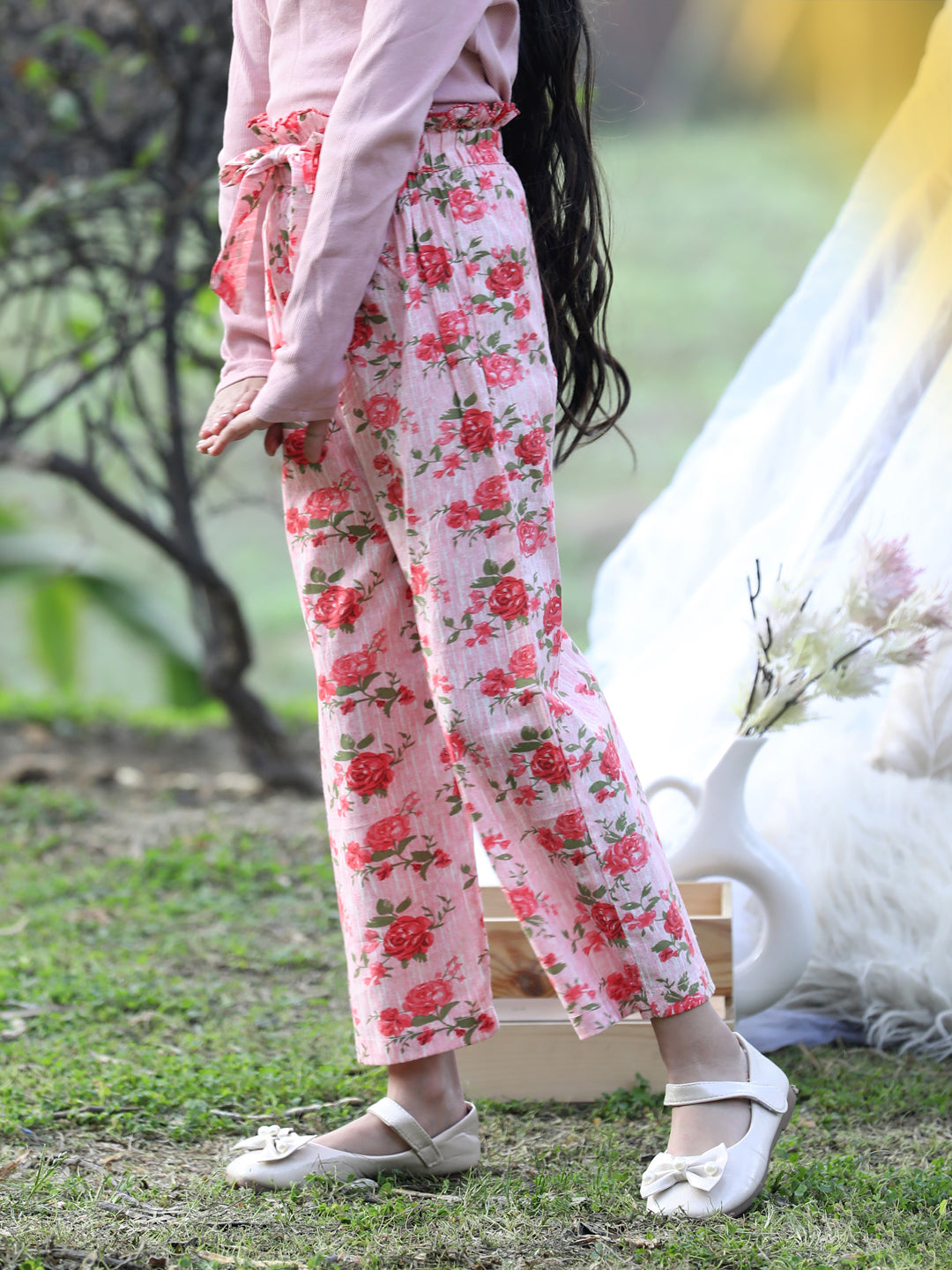 Cutiekins Printed Cotton Palazzos- Peach & Green