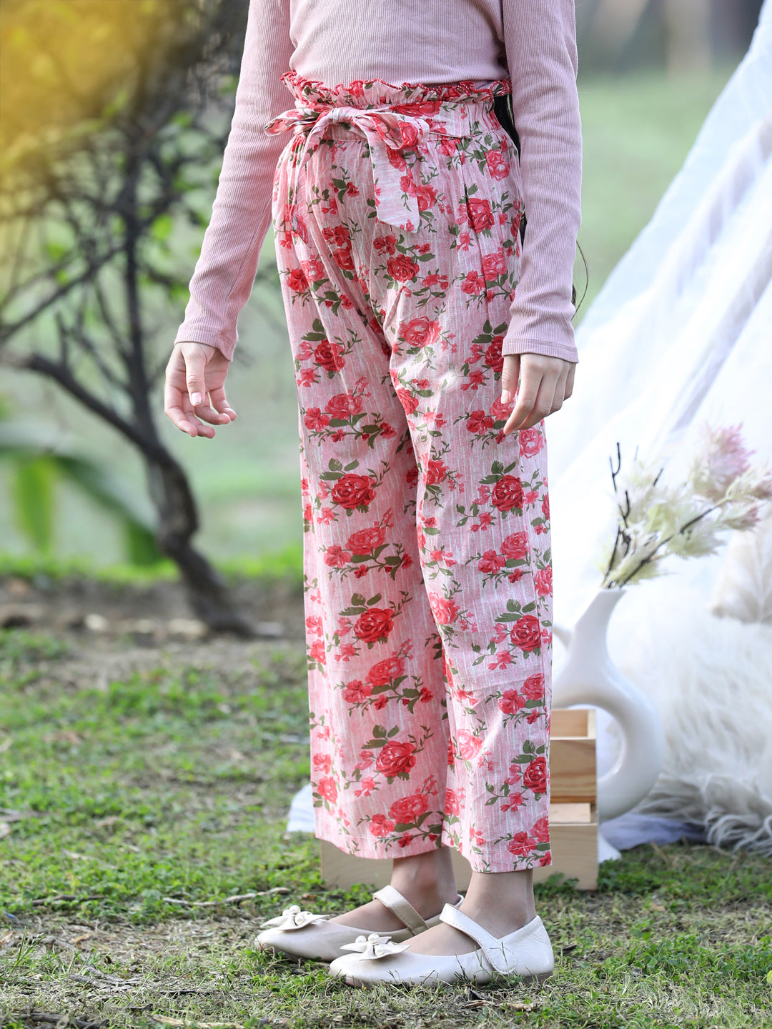 Cutiekins Printed Cotton Palazzos- Peach & Green