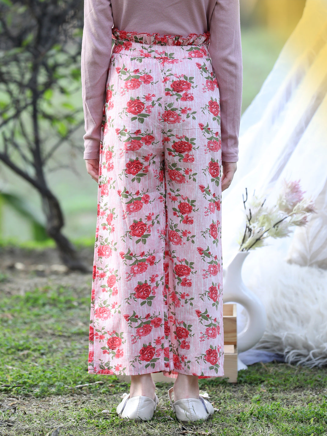 Cutiekins Printed Cotton Palazzos- Peach & Green