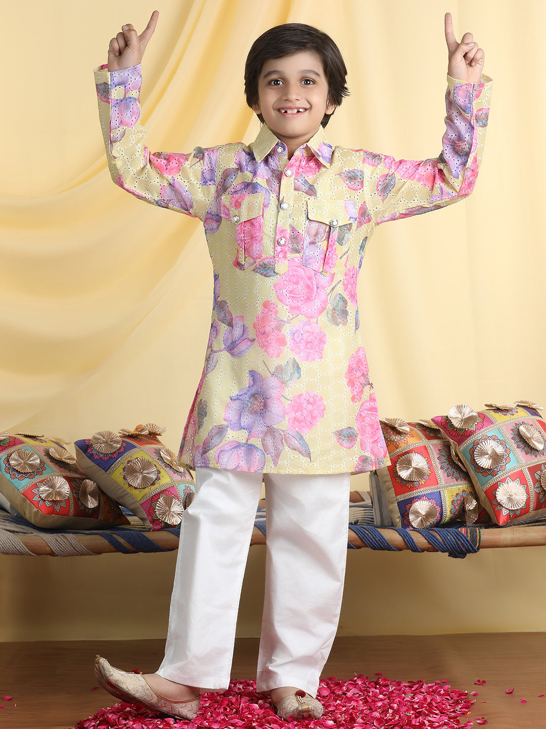Cutiekins Boys Floral Print Shirt Collar Kurta & Pajama Set -Lemon Yellow & White