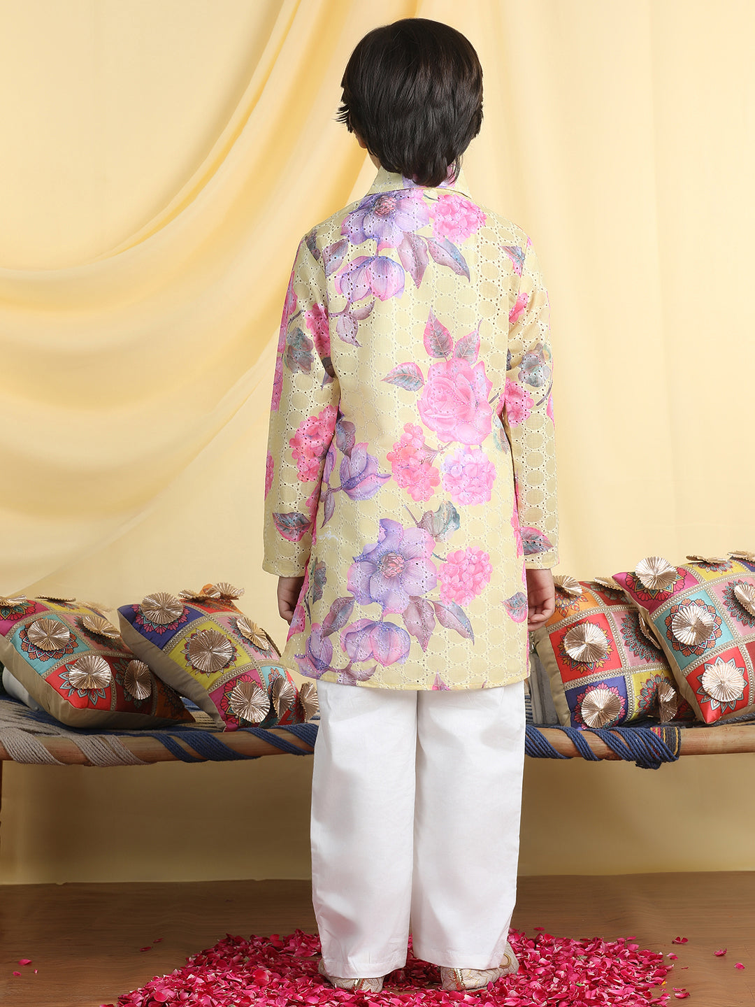 Cutiekins Boys Floral Print Shirt Collar Kurta & Pajama Set -Lemon Yellow & White