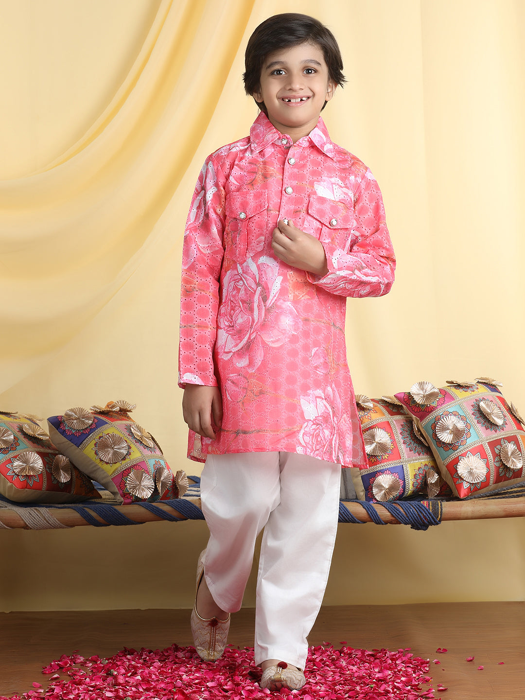 Cutiekins Boys Floral Print Shirt Collar Kurta & Pajama Set -Coral Pink & White