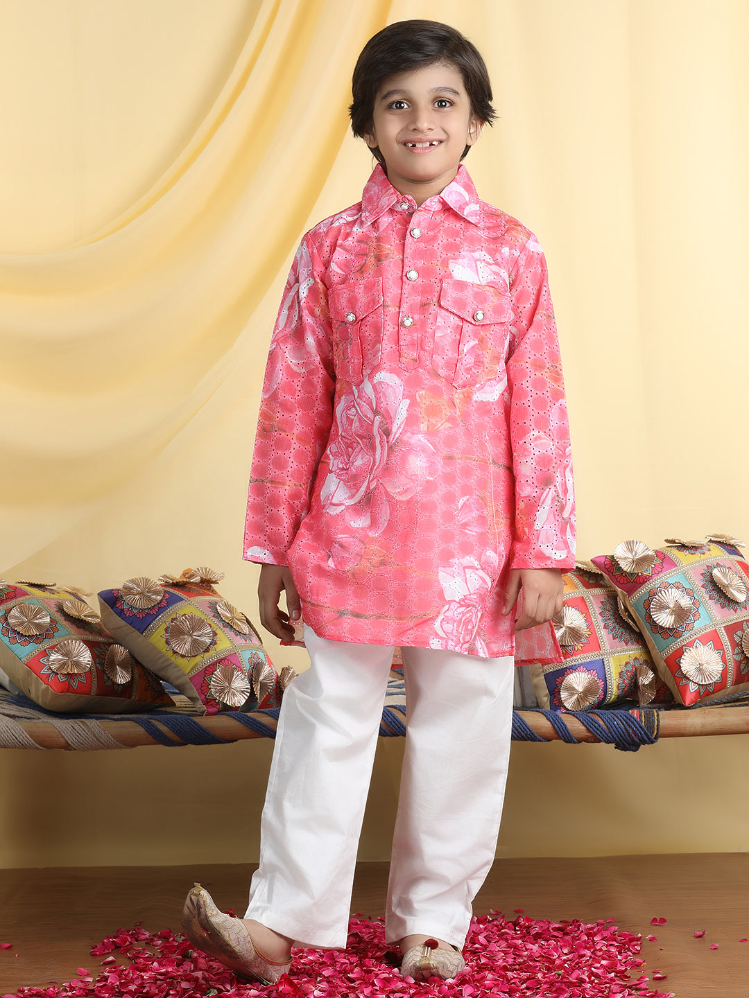 Cutiekins Boys Floral Print Shirt Collar Kurta & Pajama Set -Coral Pink & White