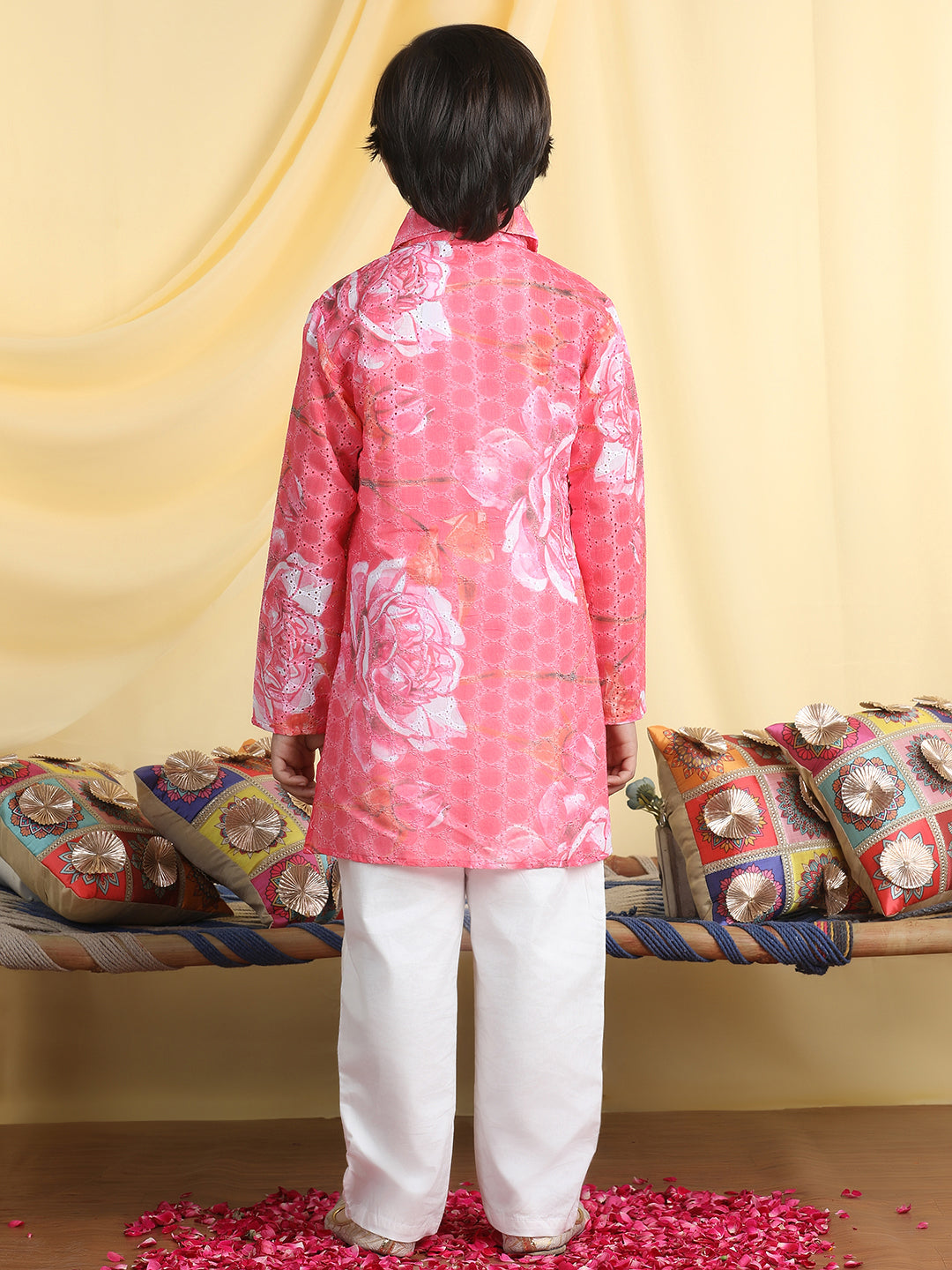 Cutiekins Boys Floral Print Shirt Collar Kurta & Pajama Set -Coral Pink & White
