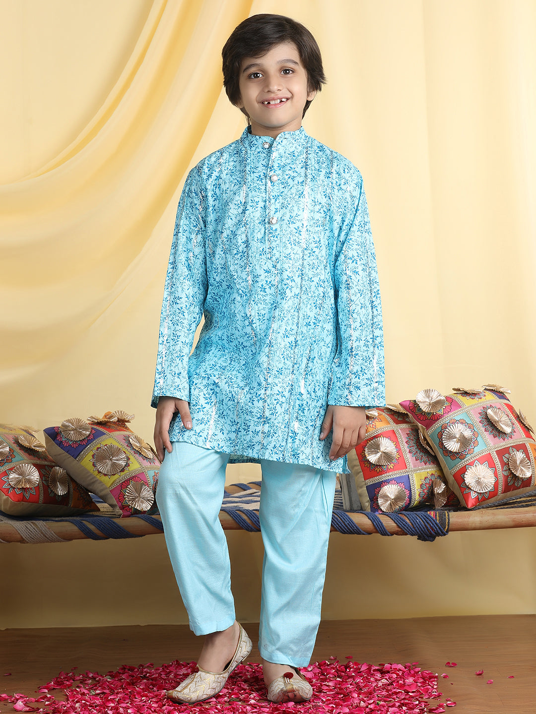 Cutiekins Boys Tropical Print Mandarian Collar Kurta & Pajama Set -Sky Blue & Teal Blue