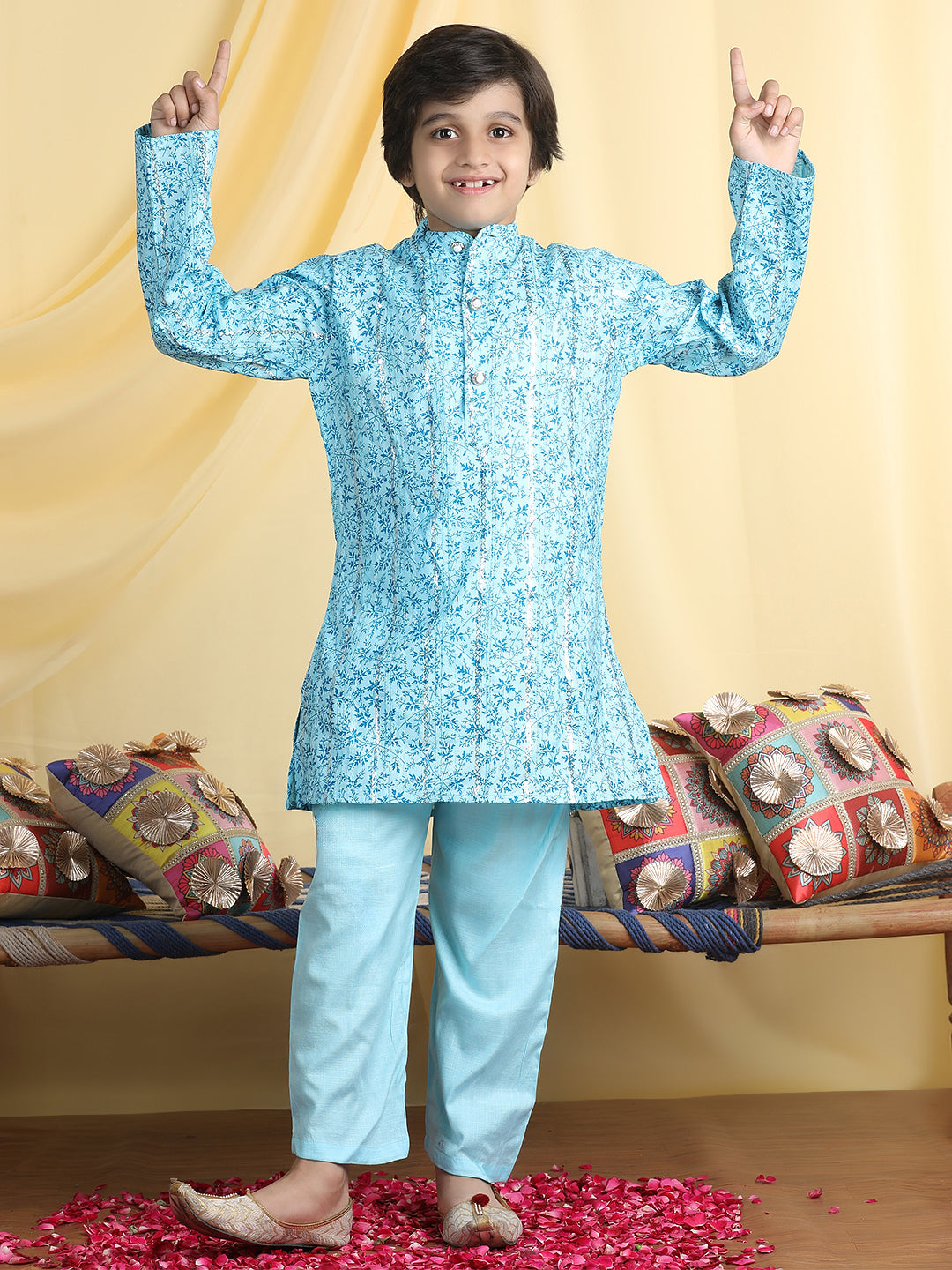 Cutiekins Boys Tropical Print Mandarian Collar Kurta & Pajama Set -Sky Blue & Teal Blue
