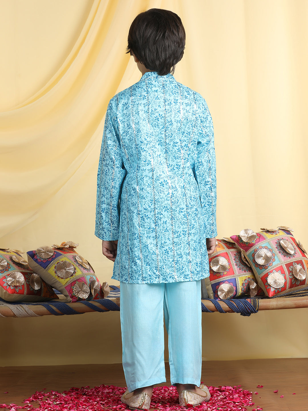 Cutiekins Boys Tropical Print Mandarian Collar Kurta & Pajama Set -Sky Blue & Teal Blue