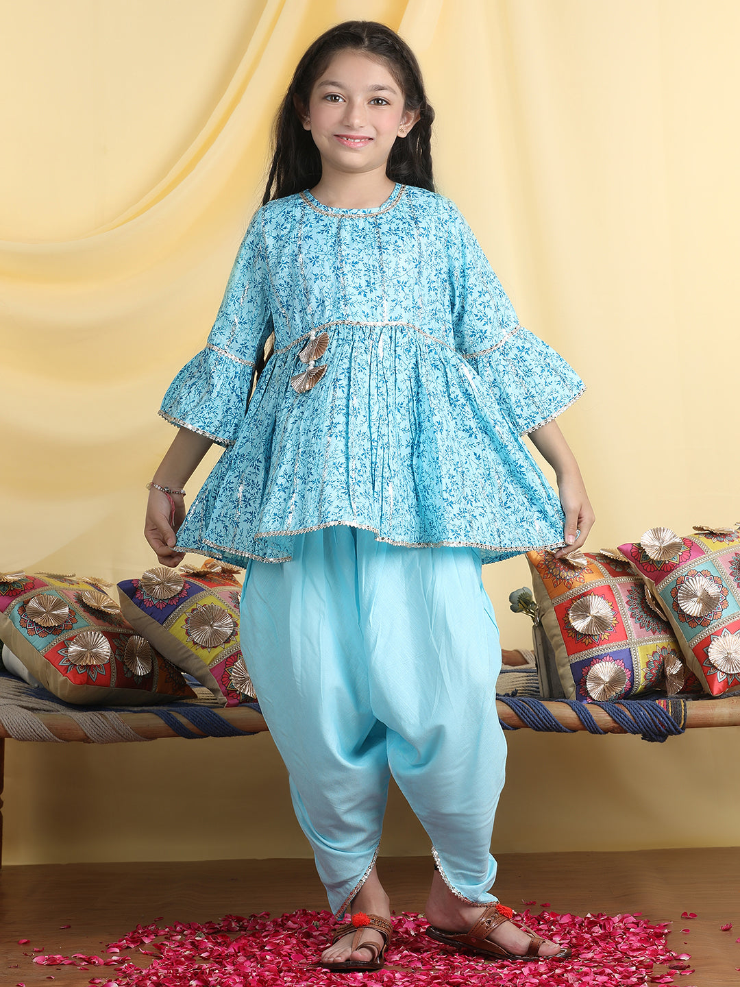 Cutiekins Girls Tropical Print Kurta & Solid Dhoti Pant -Sky Blue & Teal Blue