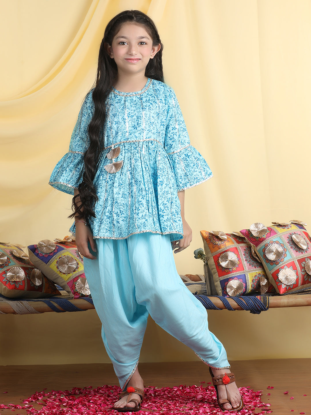 Cutiekins Girls Tropical Print Kurta & Solid Dhoti Pant -Sky Blue & Teal Blue