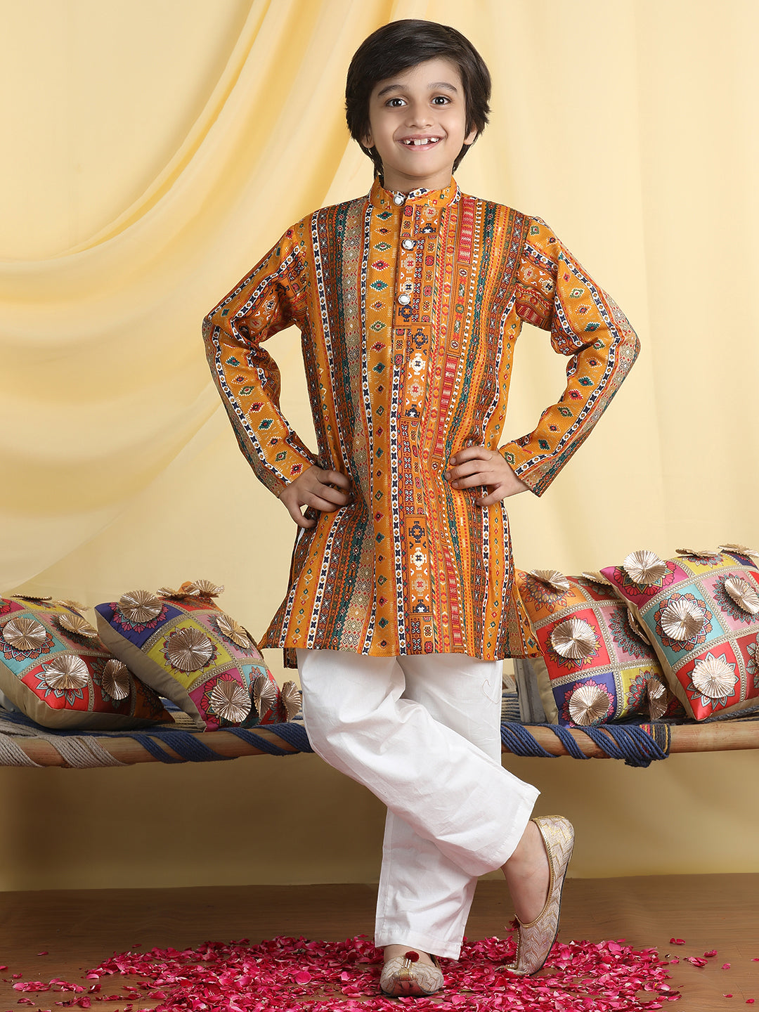 Cutiekins Boys Tribal Print Mandarian Collar Kurta & Pajama Set -Mustard & White