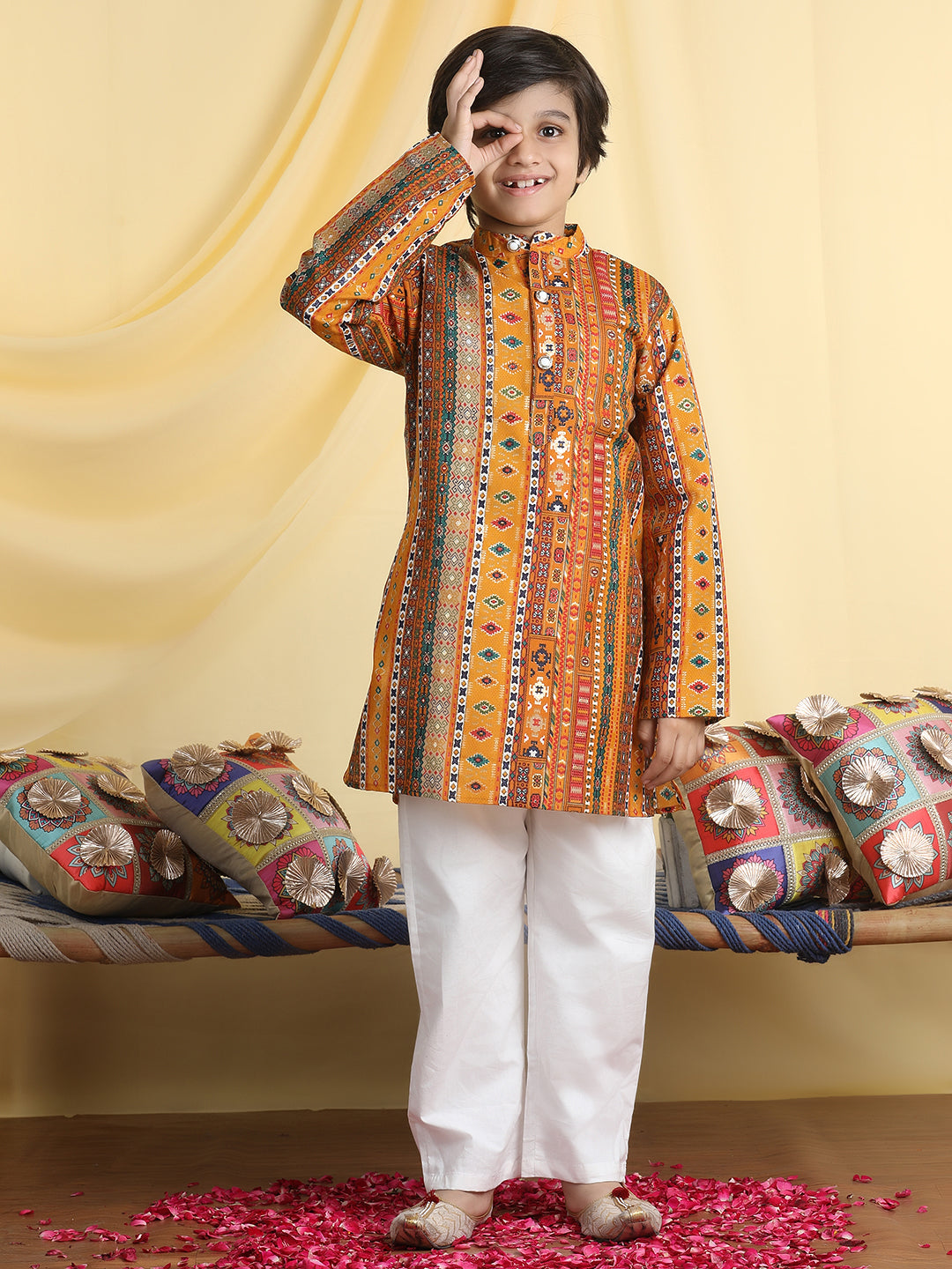 Cutiekins Boys Tribal Print Mandarian Collar Kurta & Pajama Set -Mustard & White
