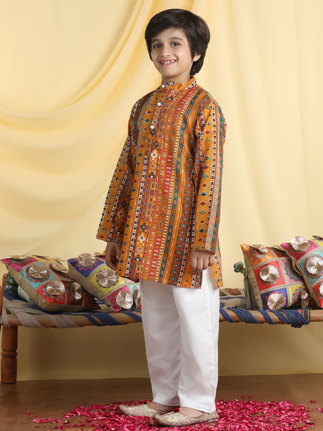 Cutiekins Boys Tribal Print Mandarian Collar Kurta & Pajama Set -Mustard & White