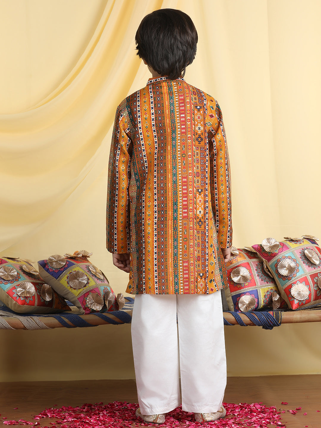 Cutiekins Boys Tribal Print Mandarian Collar Kurta & Pajama Set -Mustard & White
