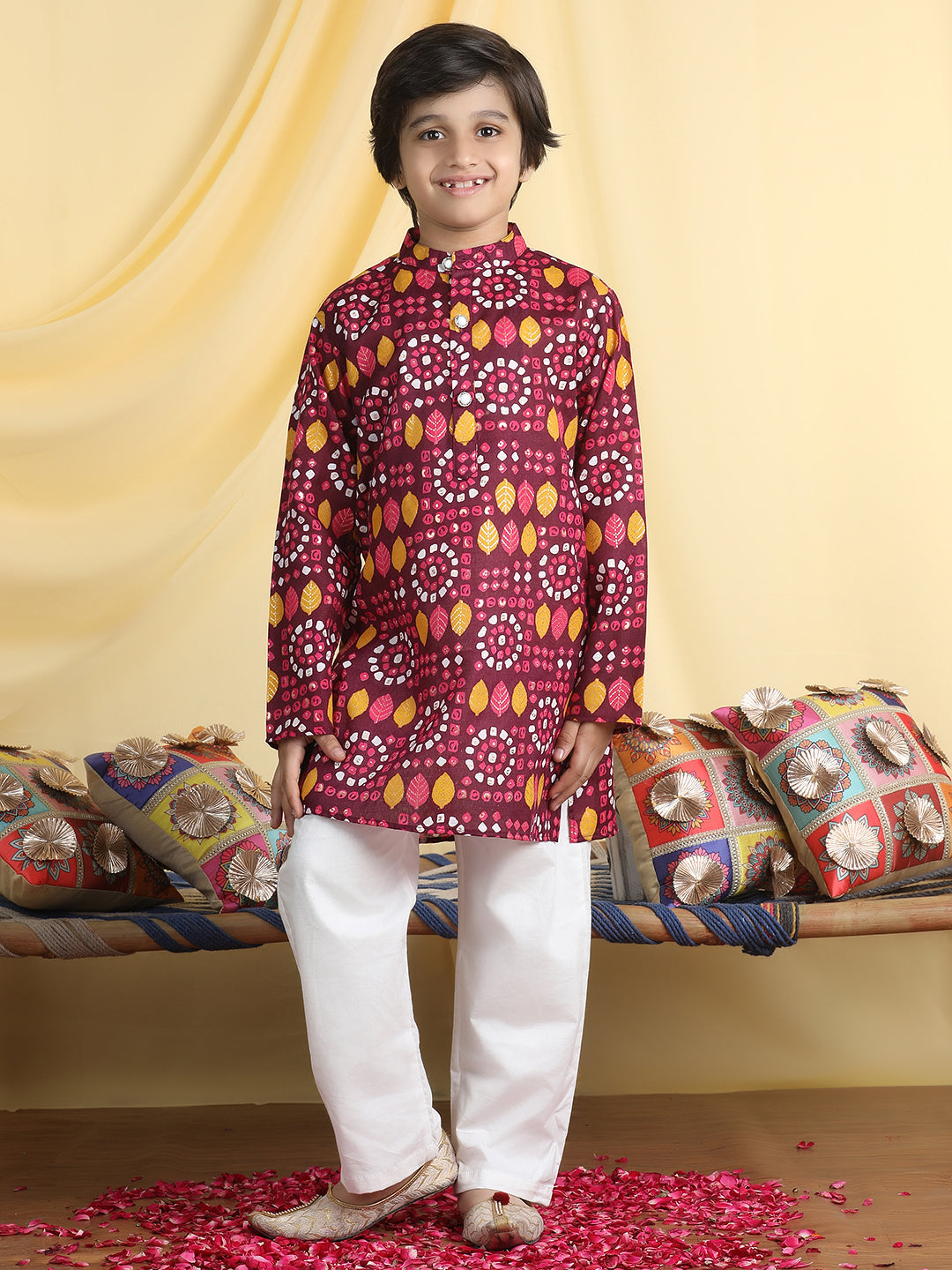 Cutiekins Boys Ethnic Motifs Print Mandarian Collar Kurta & Pajama Set -Wine & White