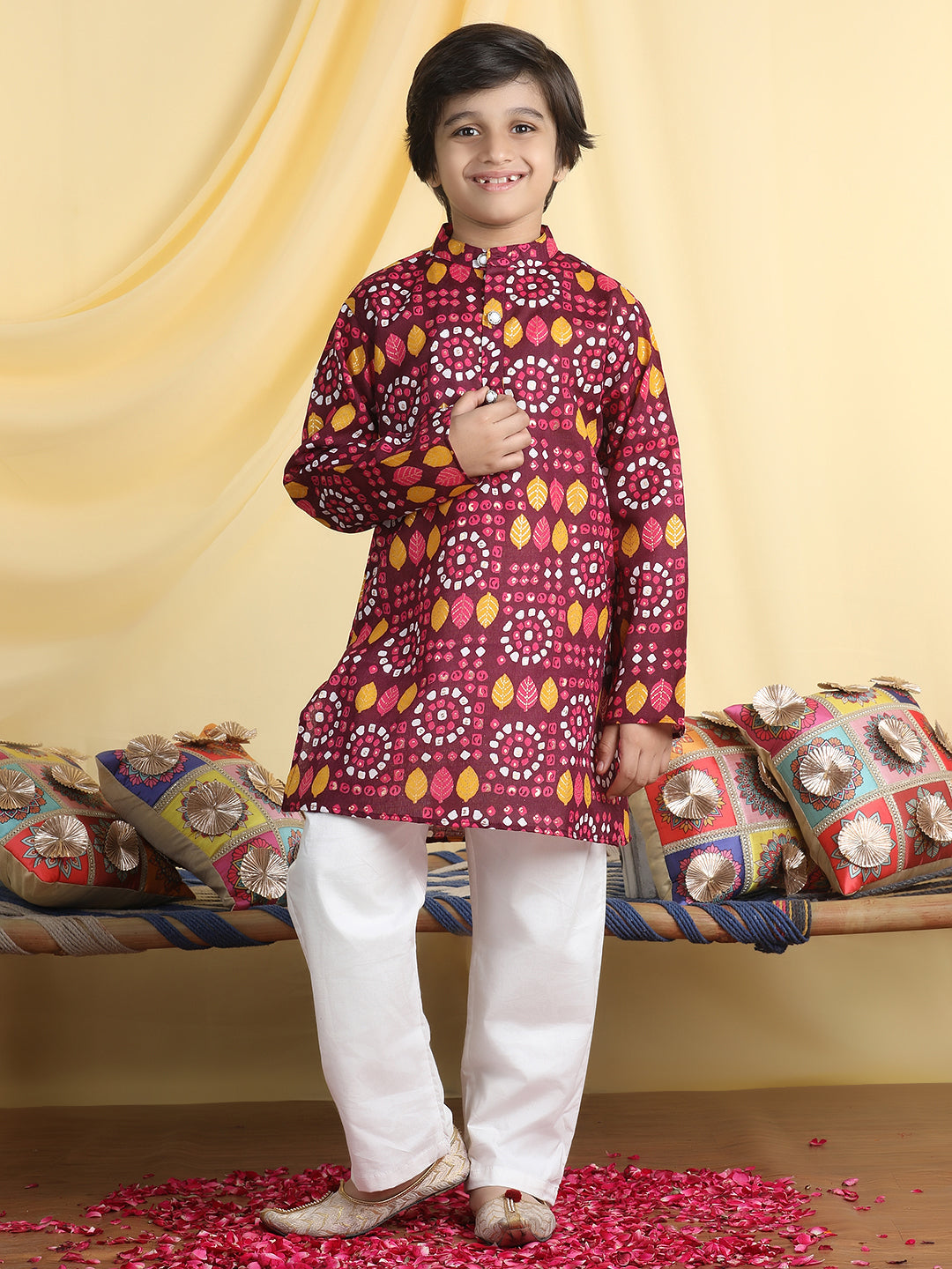 Cutiekins Boys Ethnic Motifs Print Mandarian Collar Kurta & Pajama Set -Wine & White