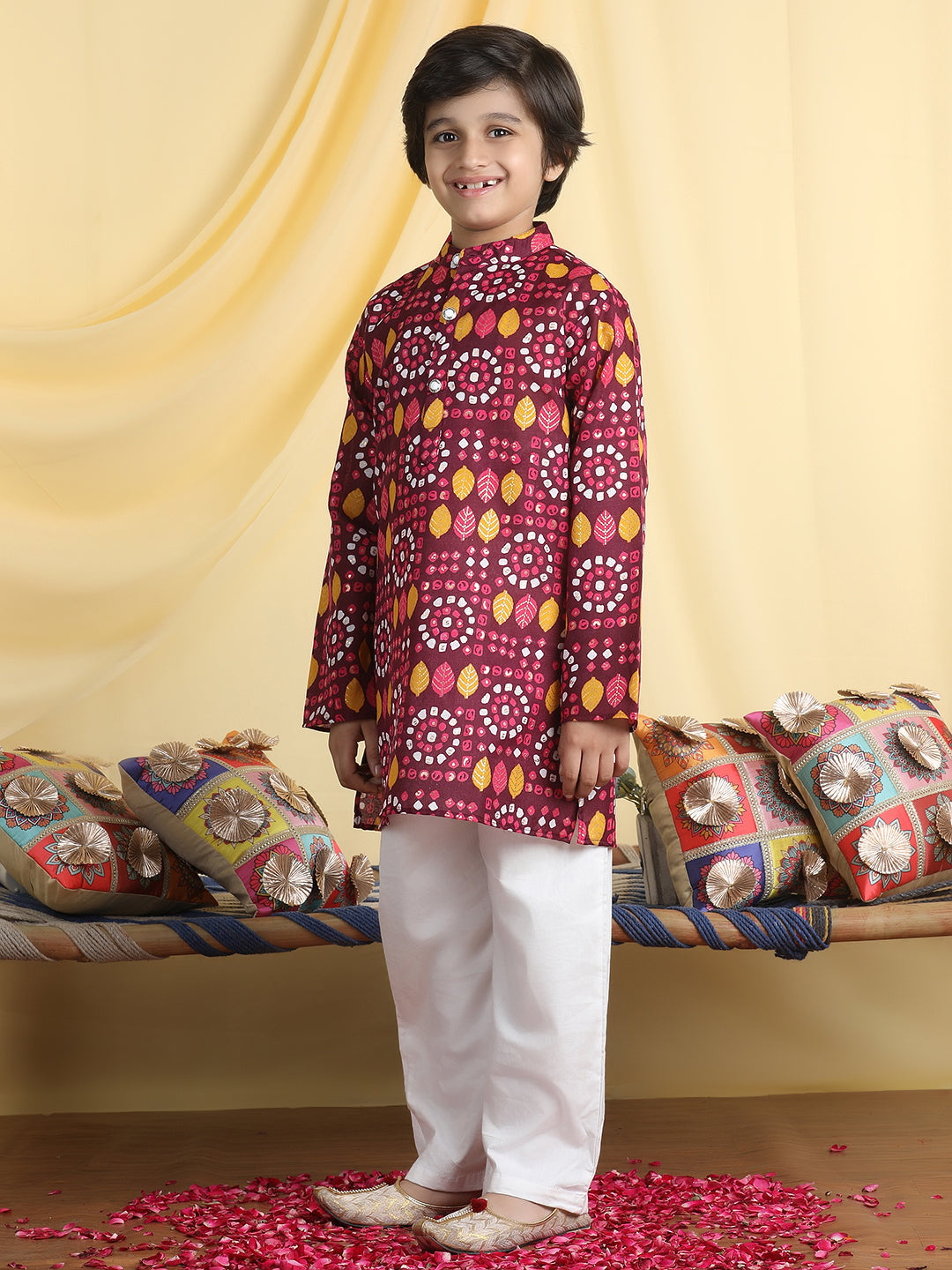 Cutiekins Boys Ethnic Motifs Print Mandarian Collar Kurta & Pajama Set -Wine & White