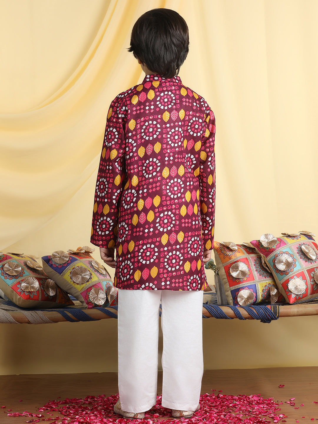 Cutiekins Boys Ethnic Motifs Print Mandarian Collar Kurta & Pajama Set -Wine & White
