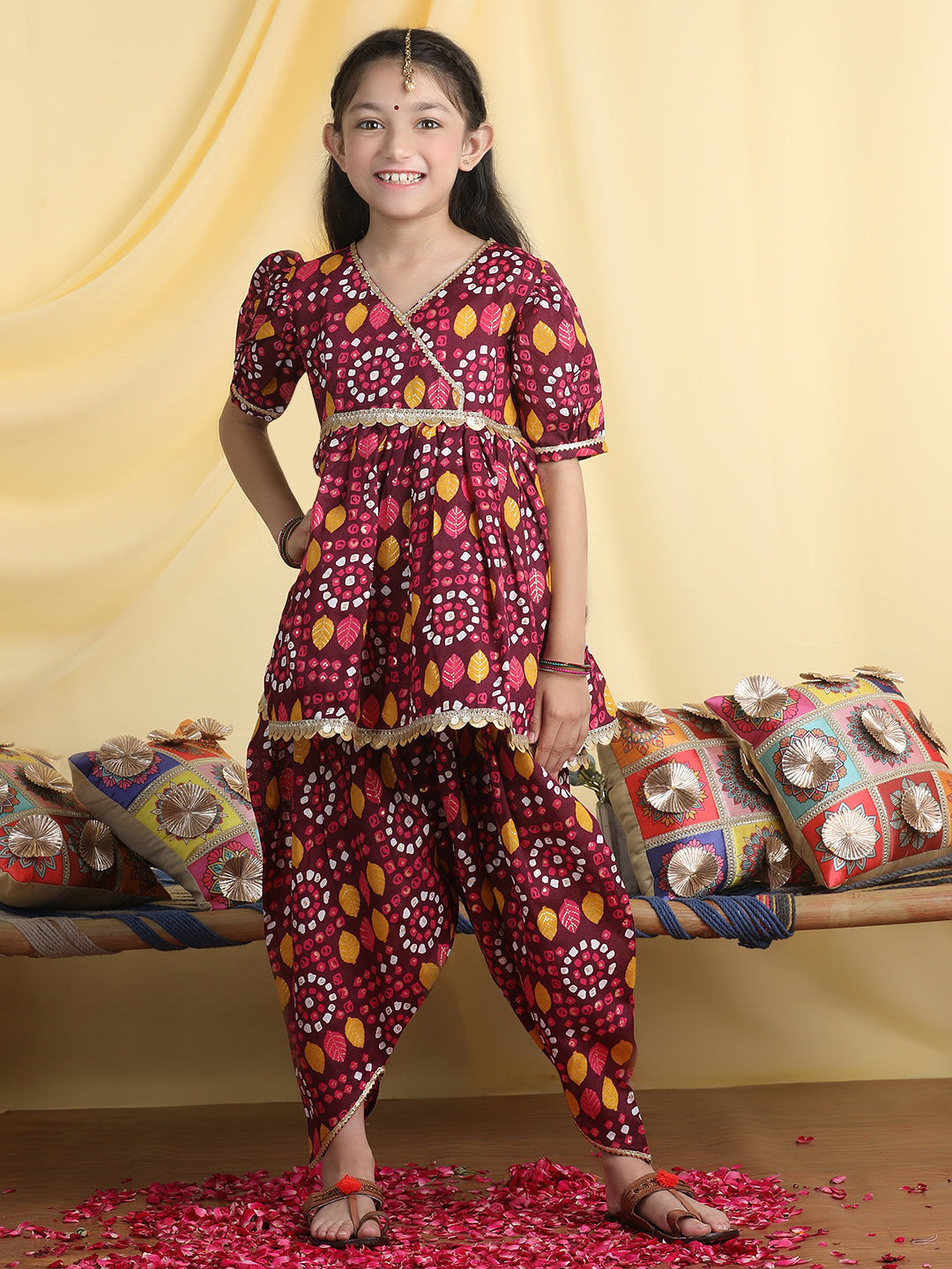Cutiekins Girls Tropical Print Angrakha Kurta & Dhoti Pant -Wine & Mustard