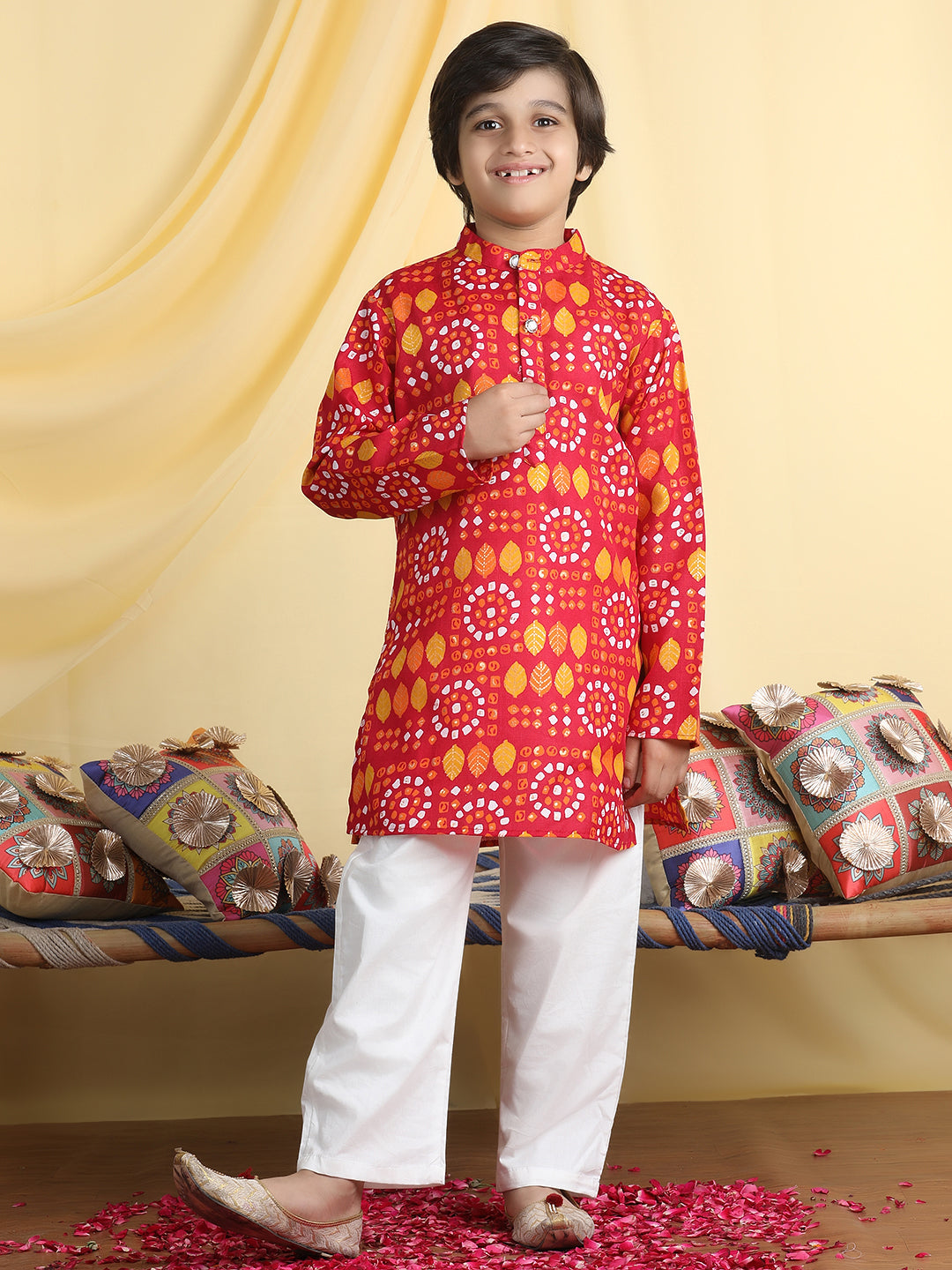 Cutiekins Boys Ethnic Motifs Print Mandarian Collar Kurta & Pajama Set -Red & White