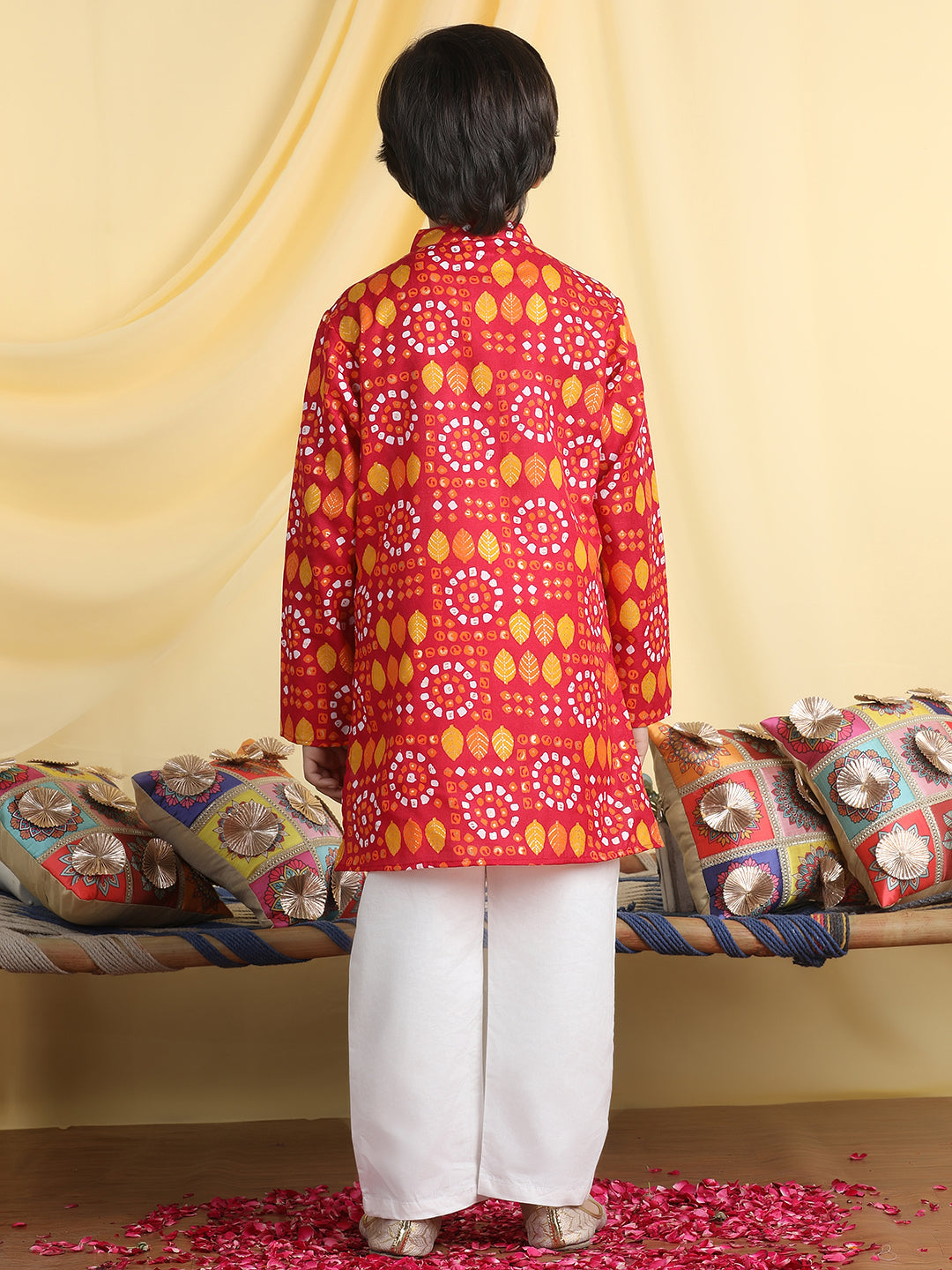 Cutiekins Boys Ethnic Motifs Print Mandarian Collar Kurta & Pajama Set -Red & White