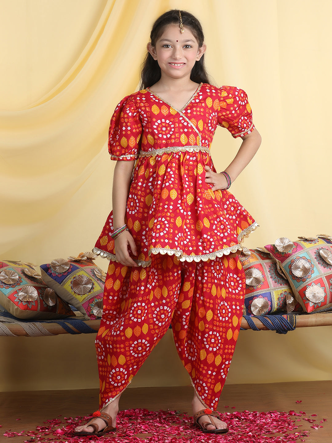 Cutiekins Girls Tropical Print Angrakha Kurta & Dhoti Pant -Red & Mustard
