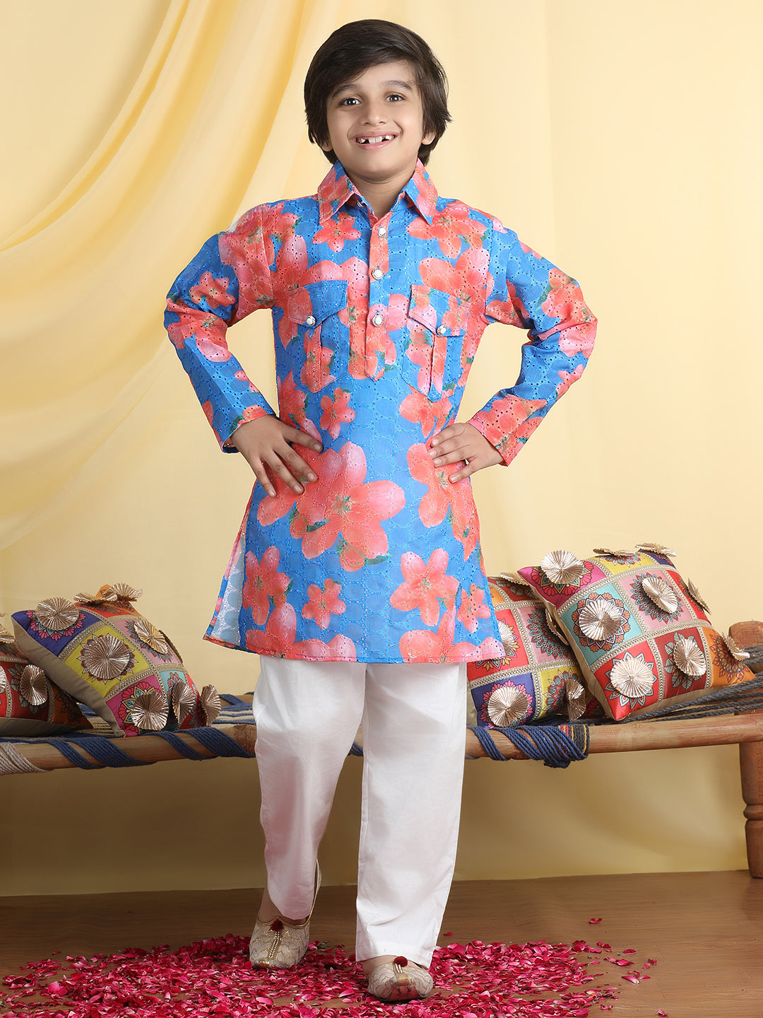 Cutiekins Boys Floral Print Shirt Collar Kurta & Pajama Set -Blue & White