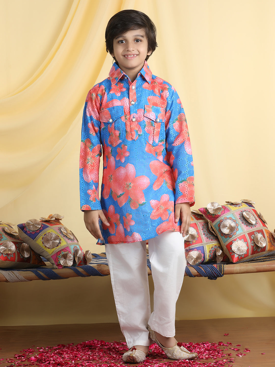 Cutiekins Boys Floral Print Shirt Collar Kurta & Pajama Set -Blue & White