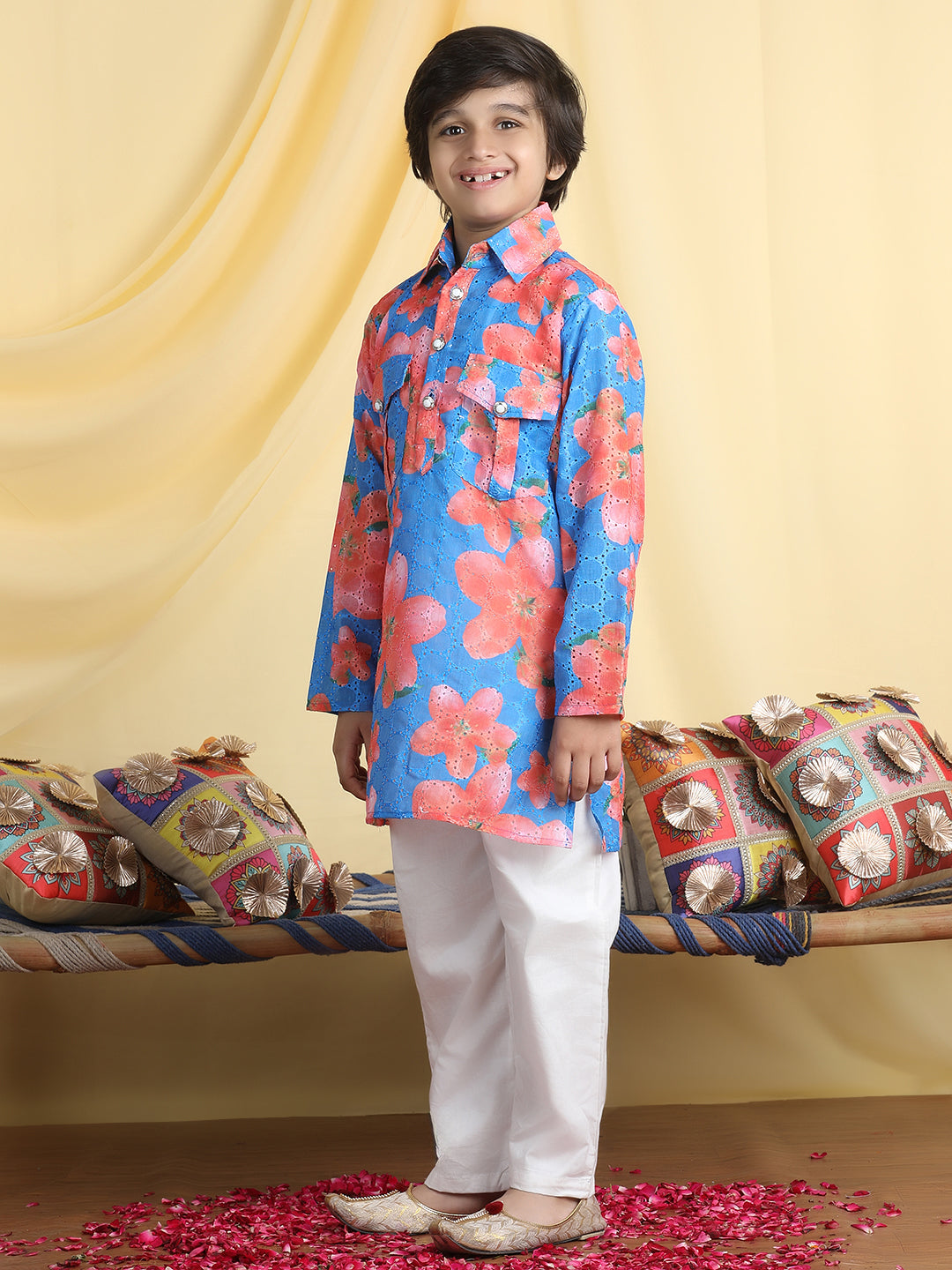 Cutiekins Boys Floral Print Shirt Collar Kurta & Pajama Set -Blue & White