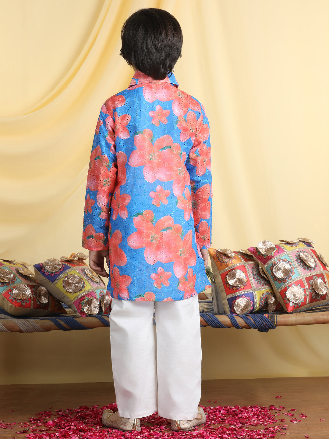 Cutiekins Boys Floral Print Shirt Collar Kurta & Pajama Set -Blue & White