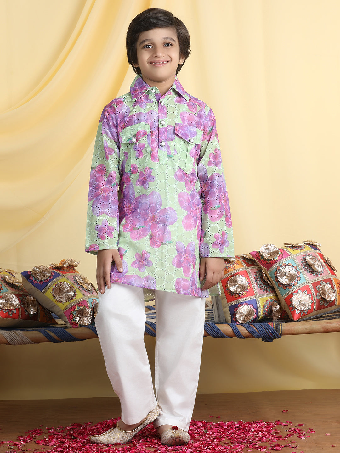 Cutiekins Boys Floral Print Shirt Collar Kurta & Pajama Set -Green & White