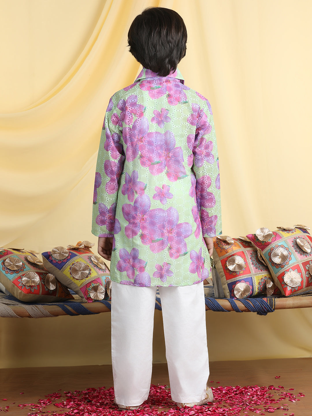 Cutiekins Boys Floral Print Shirt Collar Kurta & Pajama Set -Green & White