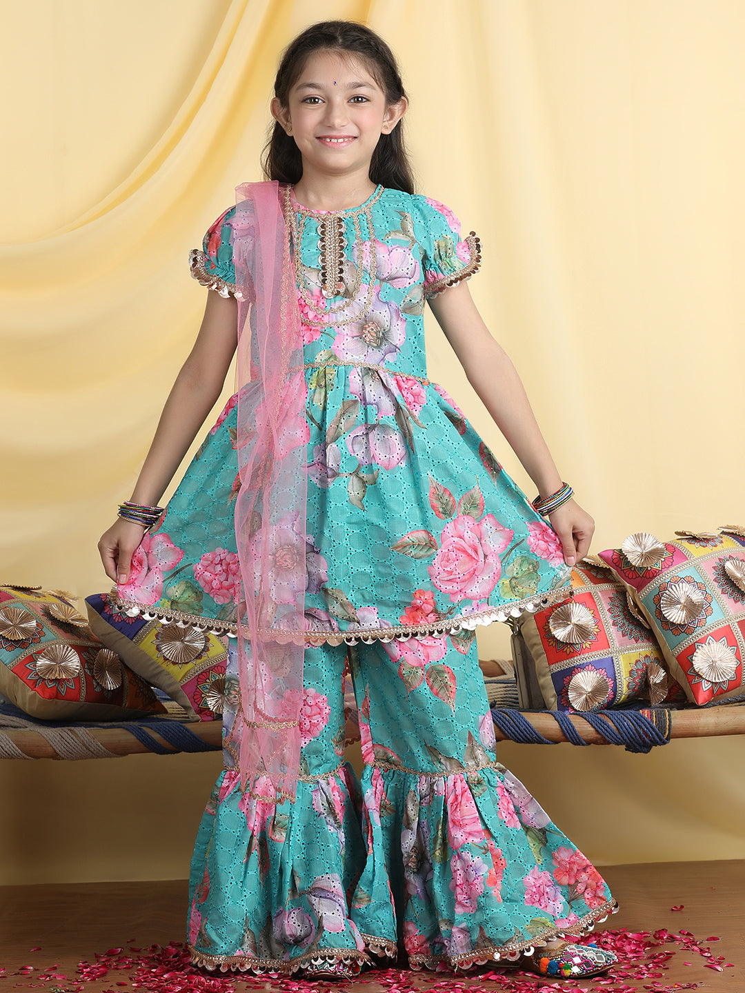 Cutiekins Girls Floral Print Empire Gota Patti Kurta & Sharara With Dupatta -Sea Green & Pink