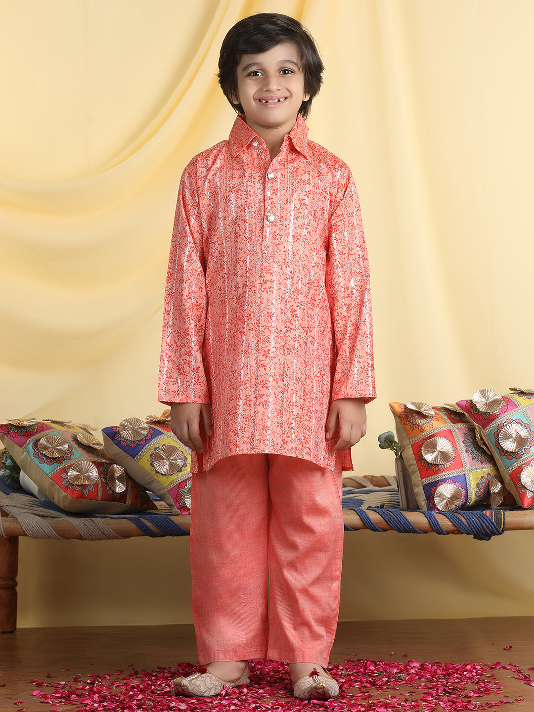 Cutiekins Boys Floral Print Shirt Collar Kurta with Pajama -Coral & Orange