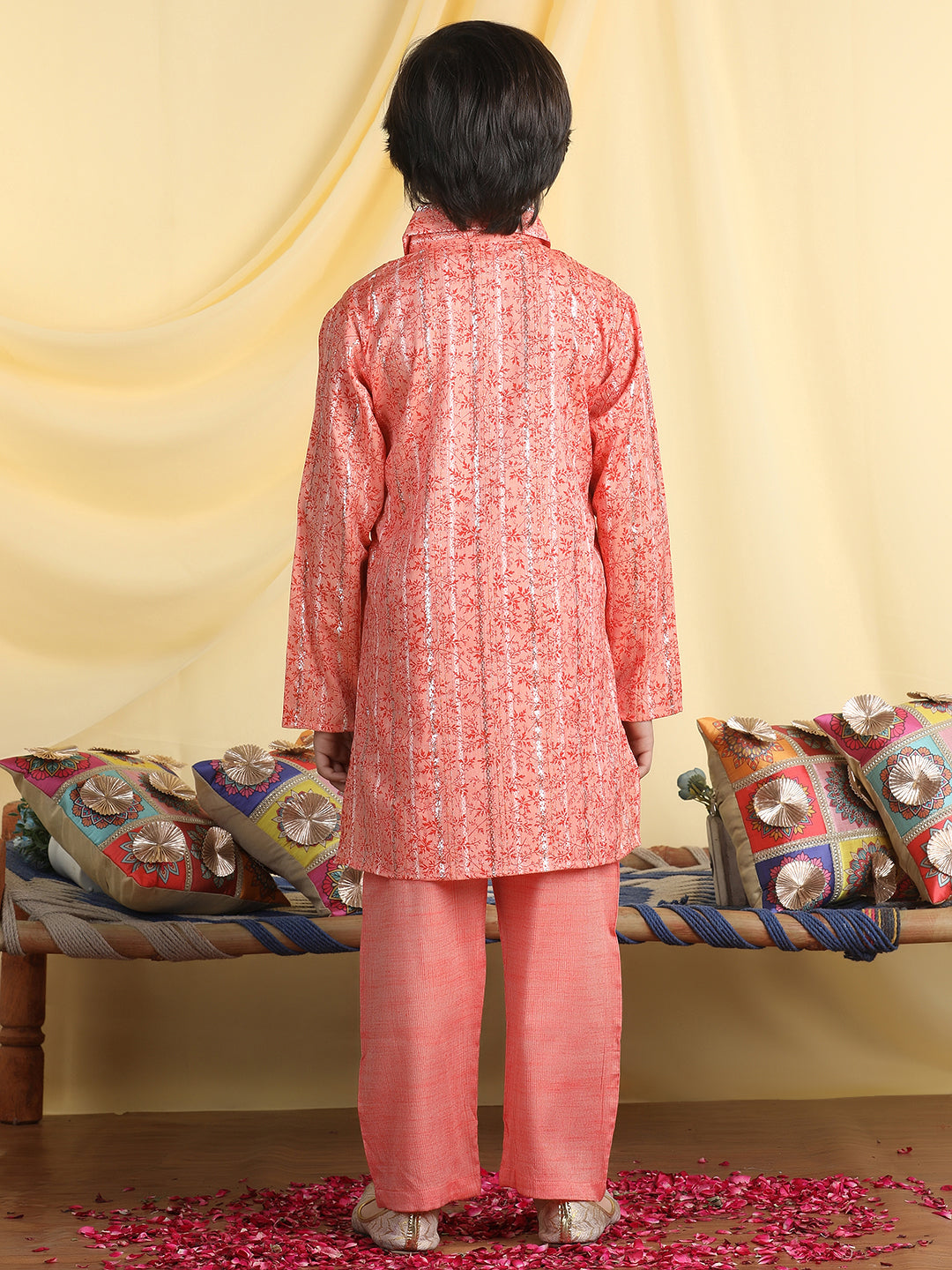 Cutiekins Boys Floral Print Shirt Collar Kurta with Pajama -Coral & Orange