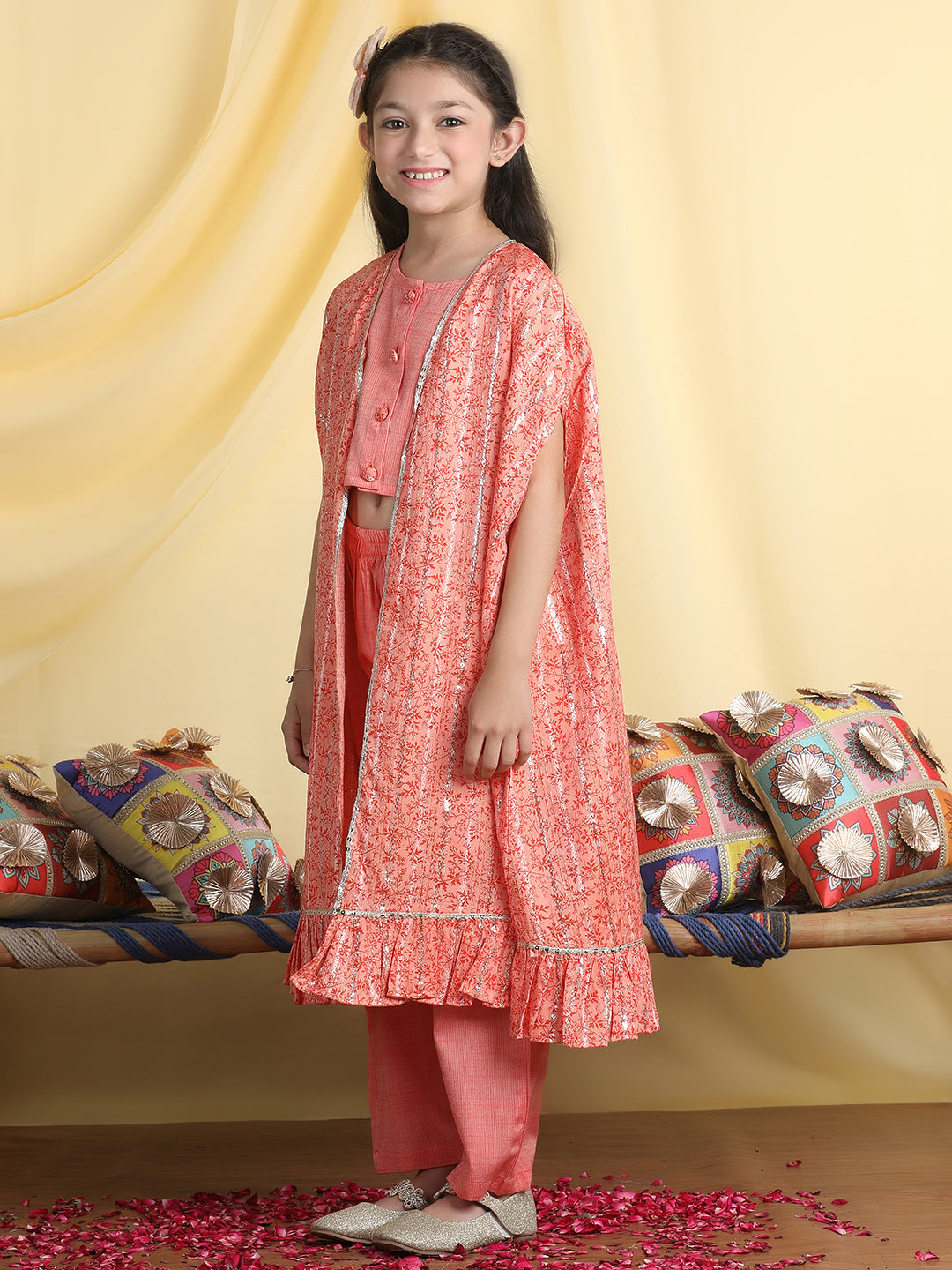 Cutiekins Girls Solid Crop Top & Palazzo With Tropical Print Shrug -Coral & Orange