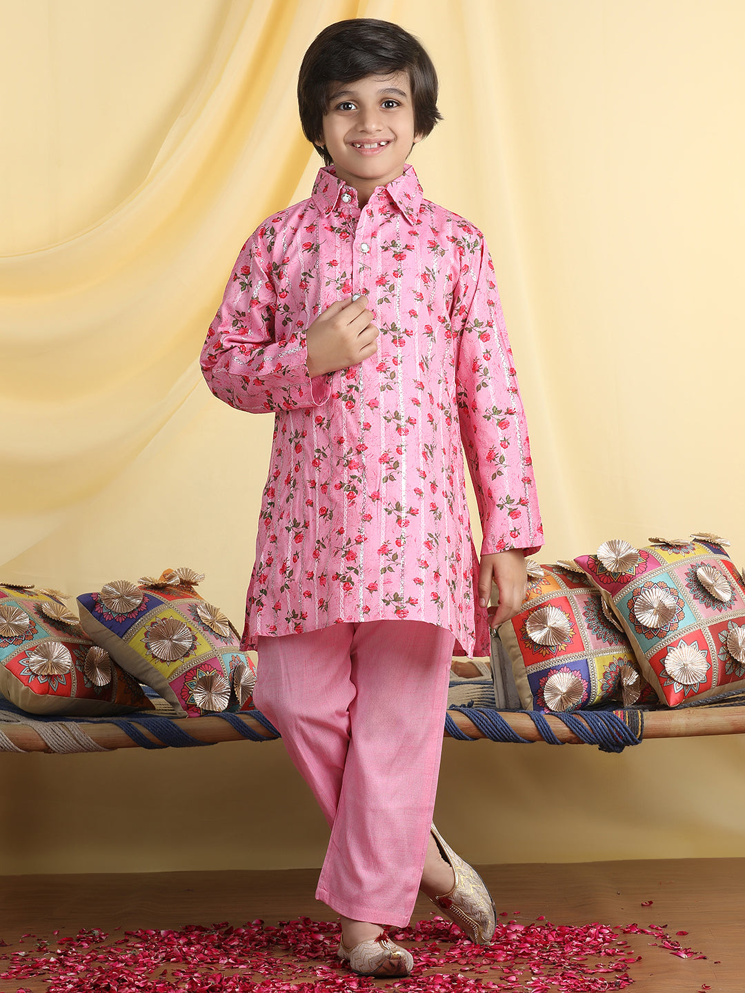 Cutiekins Boys Floral Print Shirt Collar Kurta with Pajama -Pink & Red